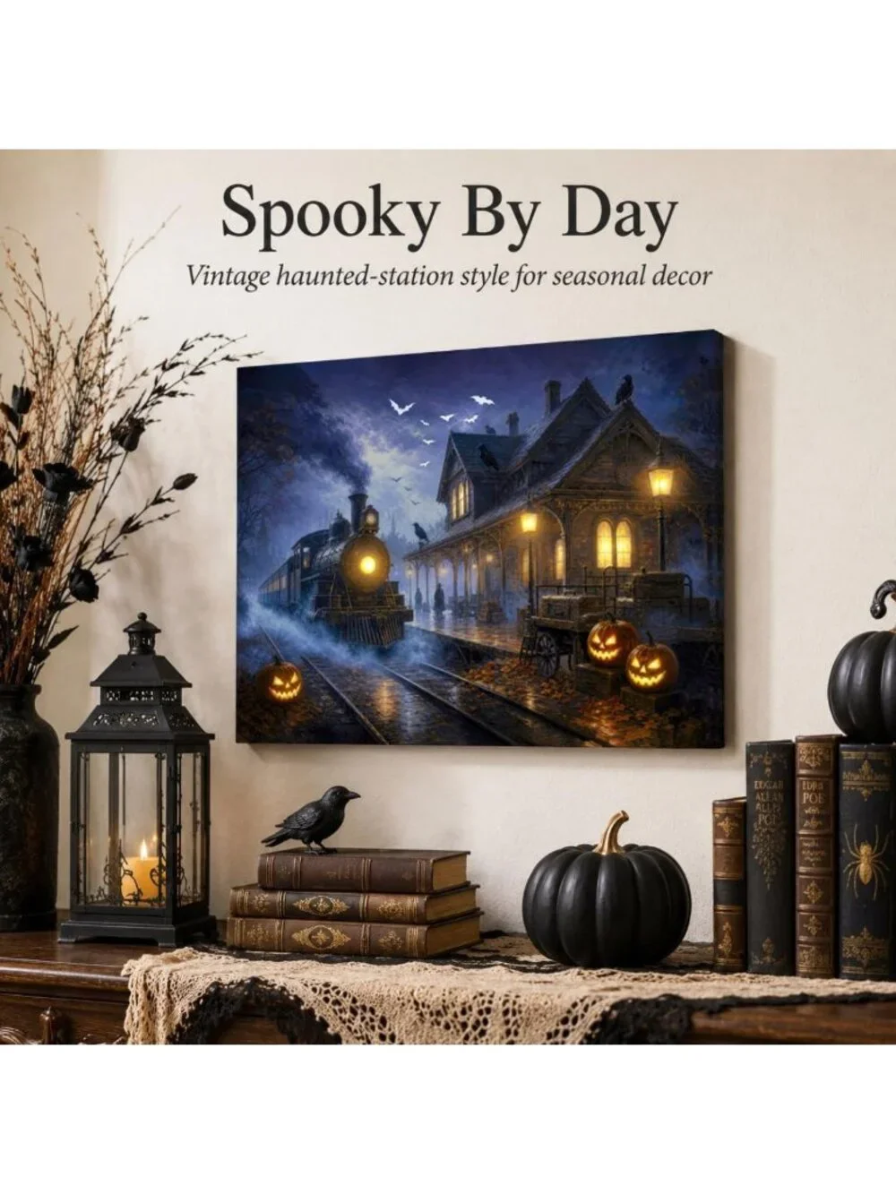 Haunted Train Station LED Canvas Wall Art - Spooky Halloween Decor, 24x18 in